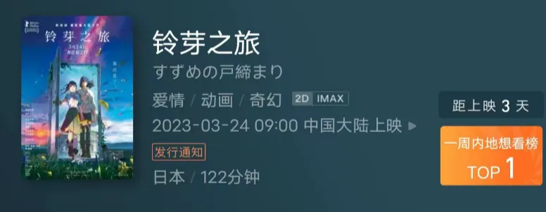 《铃芽之旅》预售票房破6000万  3月24日内地上映