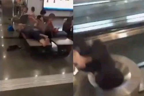 男子机场脱鞋睡觉现场视频/图片 帅哥发怒将其鞋子扔掉