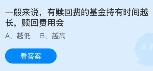 一般来说，有赎回费的基金持有时间越长赎回费用会？蚂蚁庄园今日答案最新9.5