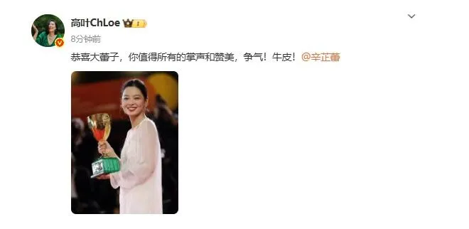 辛芷蕾获威尼斯电影节最佳女演员奖 李冰冰高叶发文祝贺