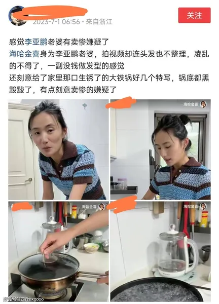 李亚鹏老婆下厨被批卖惨，头发凌乱不整理，刻意晒脏铁锅引发热议