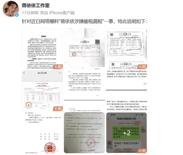 蒋依依工作室回应涉嫌偷漏税 称不存在侥幸心理