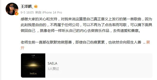 王泽鹏与好声音关联公司解约 发单曲《SAELA》致敬李玟