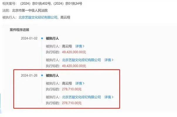 董璇公司和高云翔再被强制执行 执行标的27万余元 