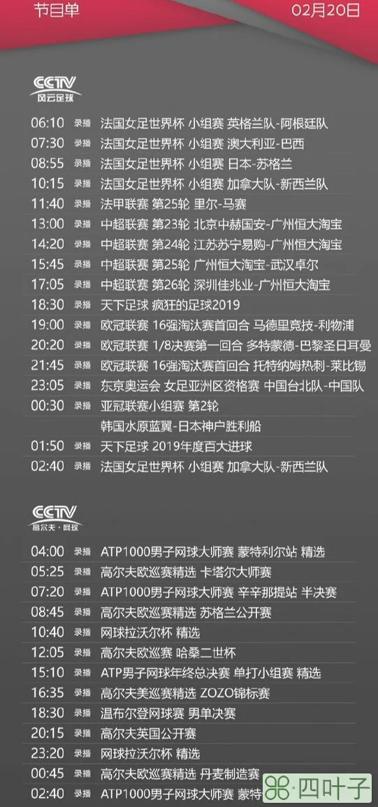 央视体育CCTV5/5+今天节目单(2月20日)